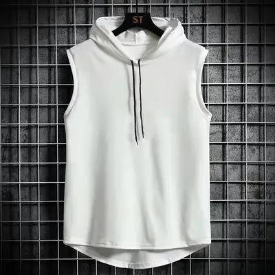 Men's Hooded Sleeveless Vest, Loose Fit, Solid Color Sports Top