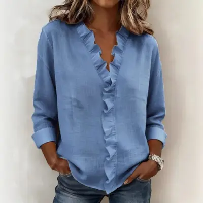 Women's Ruffled Edge Long Sleeve Cotton Shirt, Spring Style - 11