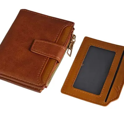 Men's Short Bifold Leather Wallet with Multiple Card Slots and Zipper - 7