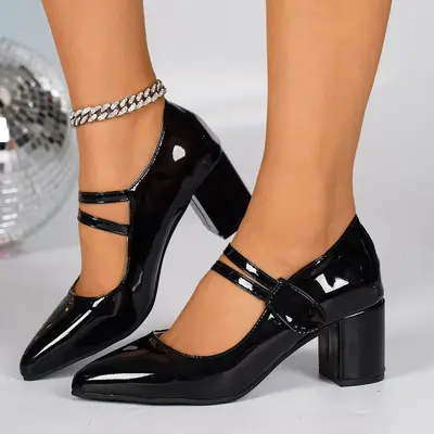 Plus size high-heel Mary Jane women's shoes, pointed toe, hook-and-loop strap