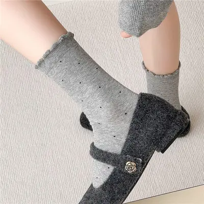 Women's Mid-Calf Socks, Autumn Winter, Korean Style, Polka Dot Lace