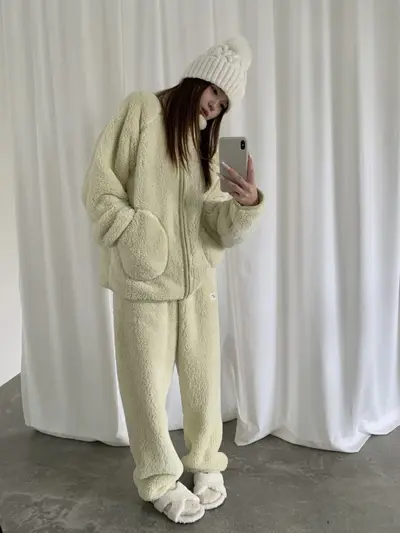Women's Thick Plush Pajama Set, Zip Cardigan, Two-Piece - 7