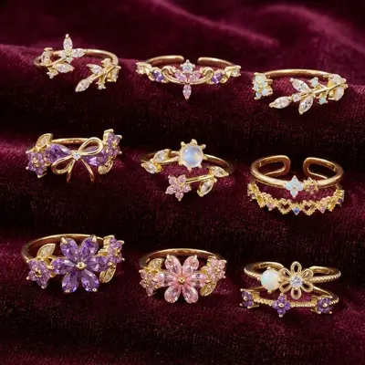 Grenzüberschreitender Bestseller im INS-Stil, Zirkon-Blüten-einlegearbeit, verstellbarer lebendiger Ring für Frauen, süßer und niedlicher Blumenmuster, eleganter Ring
