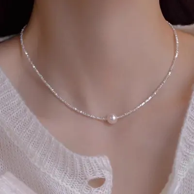 Silber-Perlenhalsband für Damen, verbrauchtes Silber, verstellbare Kette