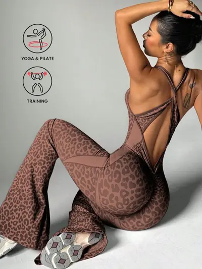 Leopard Print Cross Back Flared One-Piece Yoga Jumpsuit for Women - 7