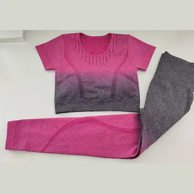 Women's Gradient Seamless Yoga Set, Long Pants and Short Sleeve T-Shirt - 8