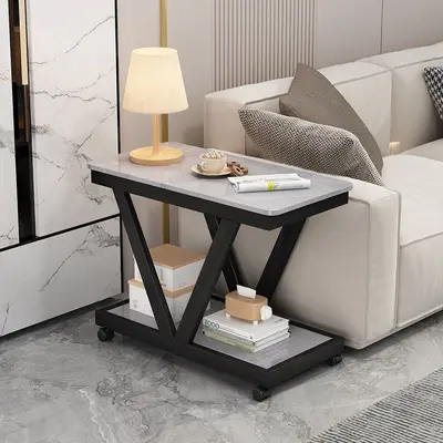 Rock Slab Sofa Side Table with Wheels, Movable Small Coffee Table - 10
