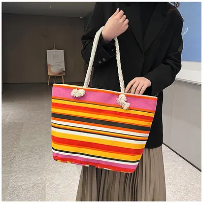 Canvas-Achseltasche im ethnischen Stil mit Hanfseil-Griff - 13
