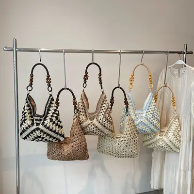 2026 Model Woven Straw Bag with Wooden Beads, Single Shoulder, Large Capacity
