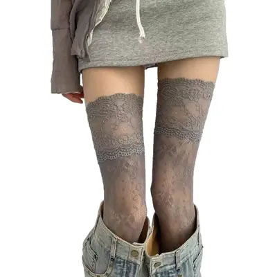 Japanischer JK-Stil, weiße Spitzen-Overknee-Strümpfe, ultradünn, durchbrochen