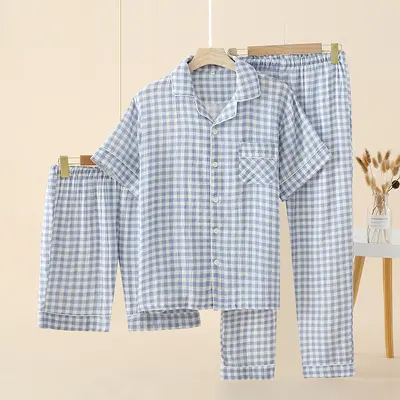 Double-Layer Pure Cotton Gauze Women's Short-Sleeve Pajama Set, 3-Piece