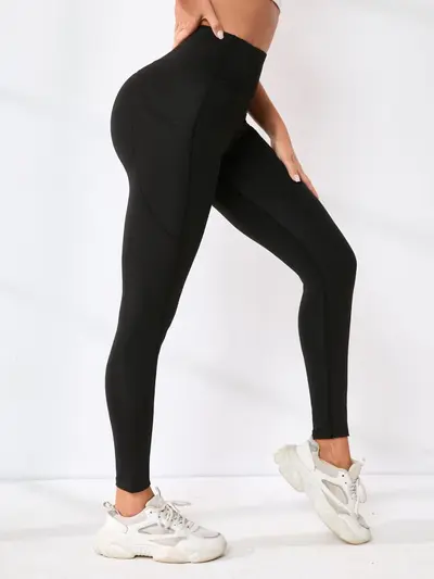 Kadın yüksek bel yoga tayt, düz renk, koşu ve açık hava spor pantolonu