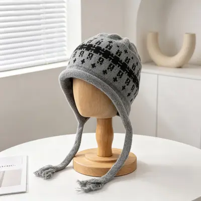Retro Pattern Knit Hat with Tassel Tie, Warm Winter Cap - 8