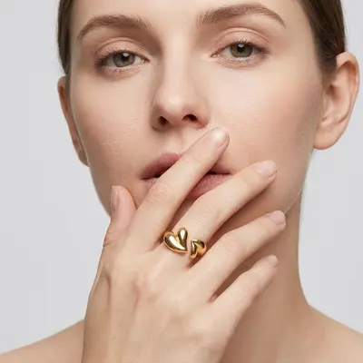 European and American Fashion Personality Trendy Love Heart Glossy Ring Gold-Plated Real Gold Electroplating Open Adjustable Non-Fading Premium Ring - 7