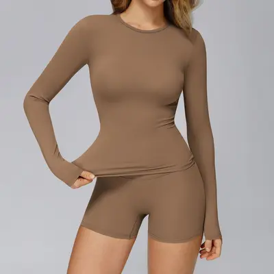 Women's Autumn Winter Long-Sleeve Yoga Set, Brushed Crew Neck Pilates Wear - 9