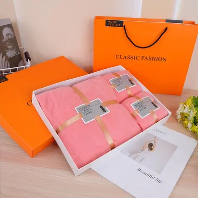 Coral fleece bath towel gift set three-piece orange box