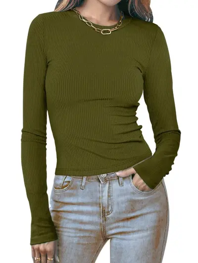 Women's Round Neck Long Sleeve Ribbed Solid Color Crop Top T-Shirt - 10