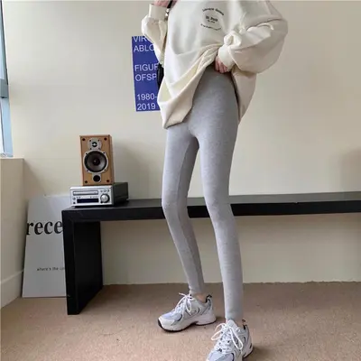 Women's Grey Thin Fleece Ribbed Leggings, Stretch, Plus Size - 8