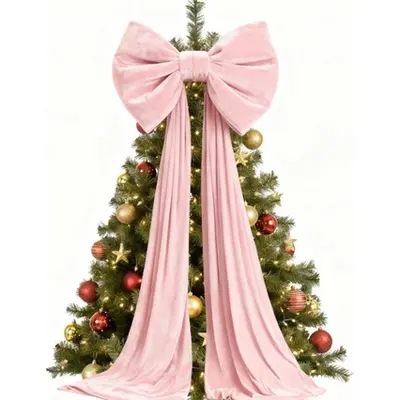 Oversized Red Velvet Christmas Tree Bow with Trailing Tail, Party Decor
