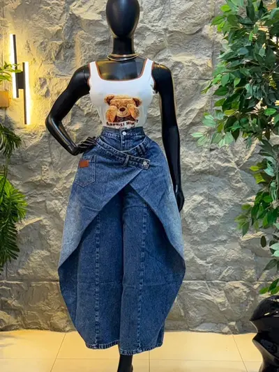 S391694 Kadın Yüksek Bel Geniş Paça Kot Pantolon, Çift Cepli İş Tarzı