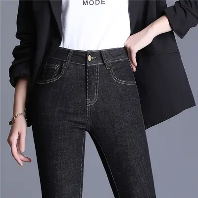 Damen-Jeans, Hochbund, Schwarz, Fleece-Futter - 7