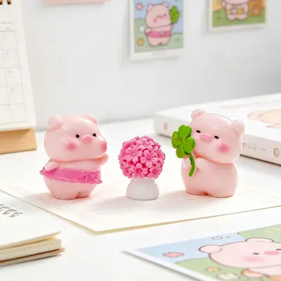 Cute Cherry Blossom Piglet Figurine for Dollhouse and DIY Decoration - 4