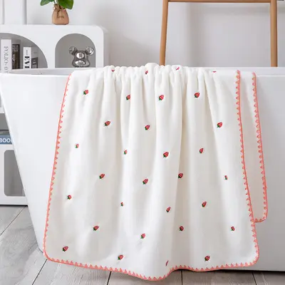 Coral velvet bath towel, absorbent, soft, cartoon embroidered - 1
