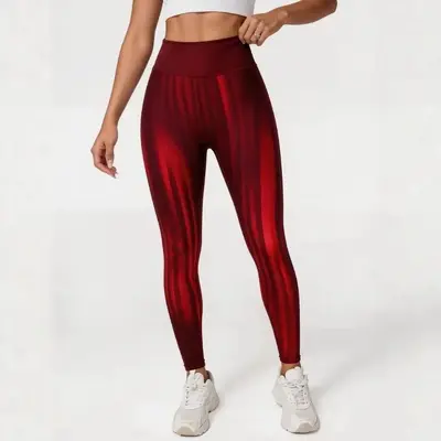Yoga Pantolonu Kırmızı Gradyan Dikey Çizgili Yüksek Bel, Vücut Hatlı Kadın Fitness Pantolo