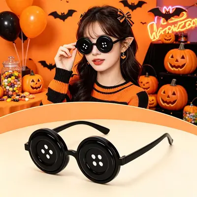 Halloween-Partybrille mit Knopfaugen, schwarzes rundes Gestell