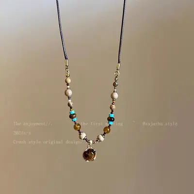 Tiger's Eye Beaded Necklace, Vintage Round Loop Design - 3