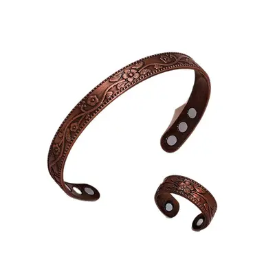 Grenzüberschreitend beliebtes Magnet-Armband-Ring-Set Magnetarmband Blüten Antik-Rotkupfer gebürstet Vintage-Stil Schmuck für Herren und Damen