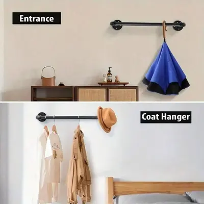 Industrial Black Iron Pipe Wall Rail, Bathroom Grab Bar and Coat Rack
