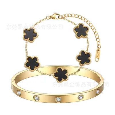 Titanium Steel Five-Leaf Flower Oval Diamond Bracelet, 18K Gold - 8