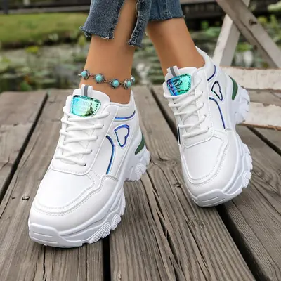 Women's Chunky Dad Sneakers with Hidden Heel, Plus Size, White