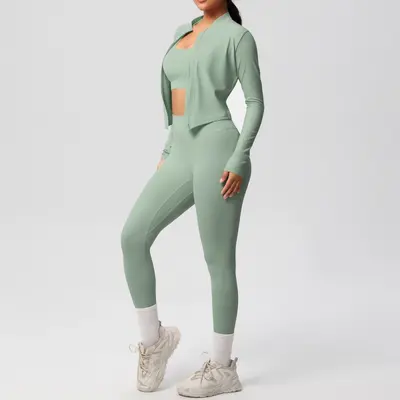 Women's Three-Piece Solid Color Yoga Running Sports Set, Double-Sided Brushed - 10