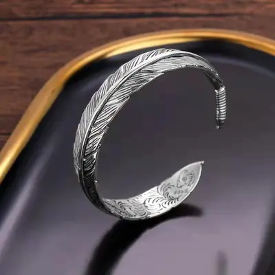 Tang pattern feather open cuff bracelet, men's stainless steel