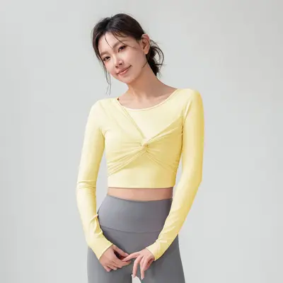 2026春带胸垫瑜伽服上衣女秋冬新款网纱扭结运动长袖跑步 健身衣 - 9