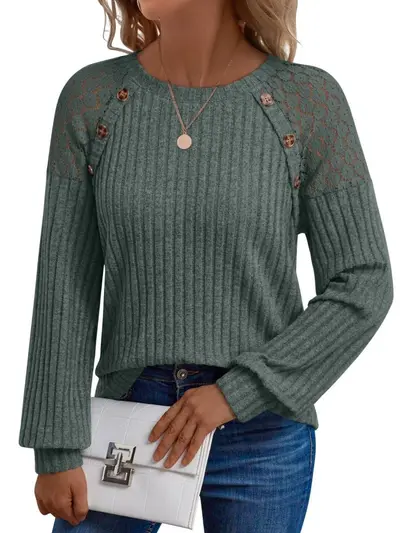 Round Neck Solid Color Hollow Button Long Sleeve Casual Top - 10