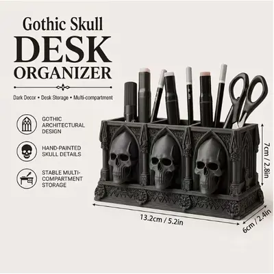 3D Printed Skull Pen Holder and Makeup Brush Storage Box, Gothic Style Gift - 6