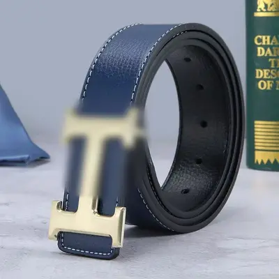 Premium Litchi Grain Men's Leather Belt Fashion Letter H Smooth Buckle Youth Trendy Waistband Factory Stock Direct - 11