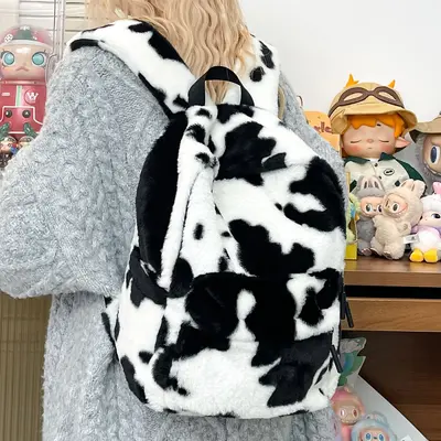 Japanese-style Ins Niche Leopard Print Backpack Women Large Capacity Autumn Winter Plush Vintage Double Shoulder Bag High School College Student Backpack - 3