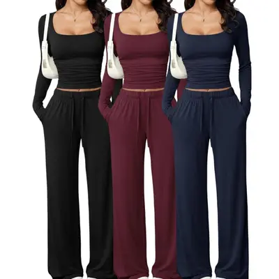 Damen Freizeitset mit eckigem Ausschnitt, Bluse und Hose