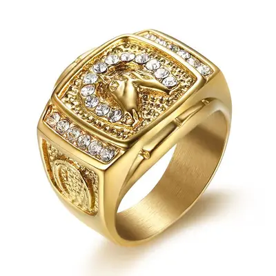Hip-Hop Men's Ring, Titanium Steel, Gold-Plated, Diamond Horse Head