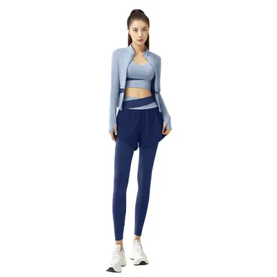 拼色瑜伽三件套网红跑步运动服透气修身瑜伽服套装女 - 6