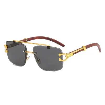 Frameless Square Sunglasses, Leopard Print, Wood-Grain Temples, UV Protection - 6