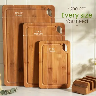 Carbonized Bamboo Cutting Board 3-Piece Set, Double-Sided, Separate Zones