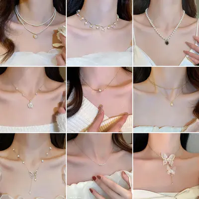 Korean Heart Butterfly Pearl Tassel Necklace Collarbone Chain
