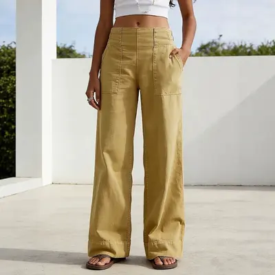 Damen-Sommerhose aus Baumwoll-Leinen, weites Bein, elastischer Bund, einfarbig