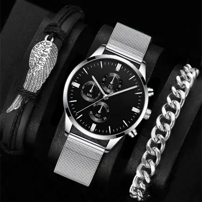 Men's leather belt, watch and bracelet set