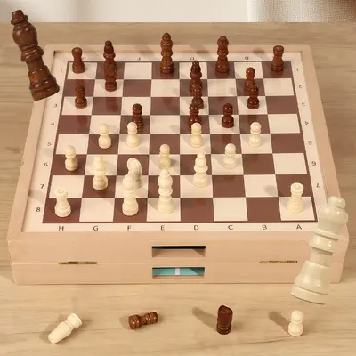 4-in-1-Brettspiel aus Buchenholz, doppelseitig, mit Schach, Go, Bowling